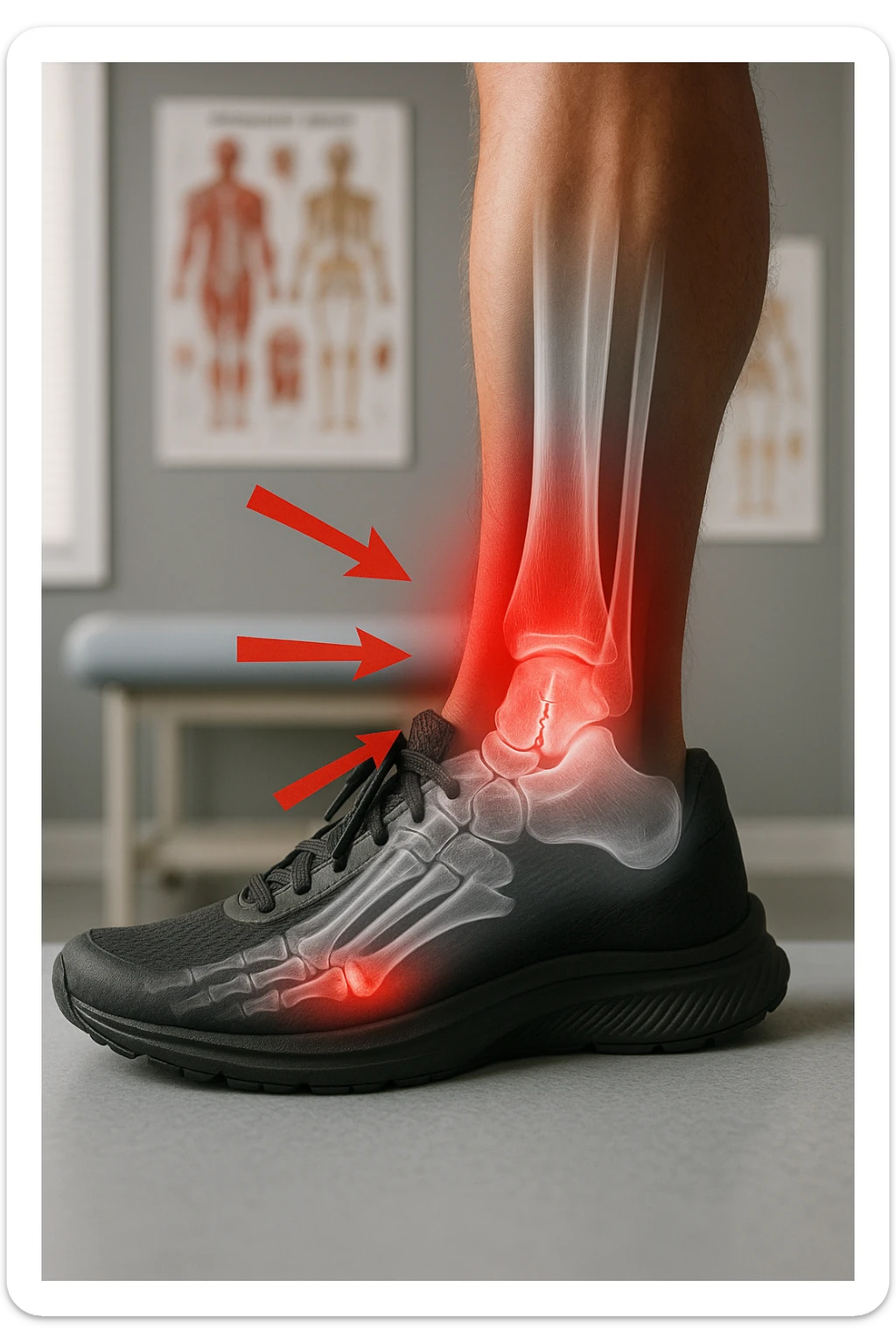 Realistic, vertical medical scene: a runner’s foot and lower leg are shown in profile, with a transparent overlay revealing a small stress fracture in the metatarsal bone. Red highlights and arrows indicate the area of pain and injury. The setting is a medical exam room, with anatomical charts in the background. sticker