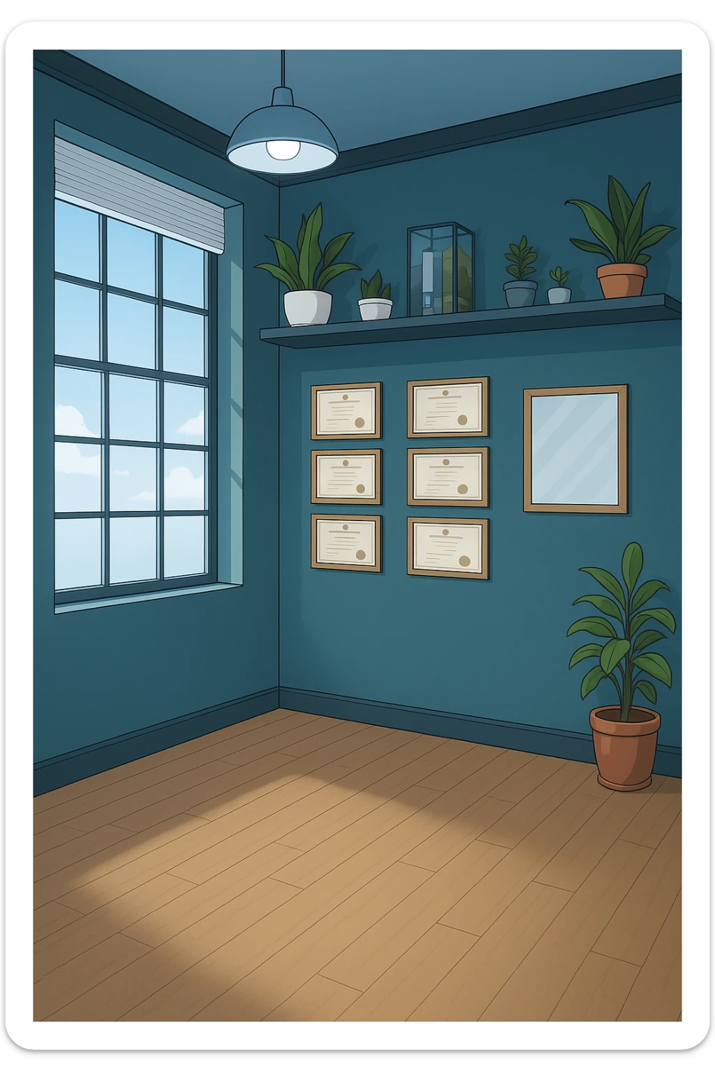 faMMI QUESTA STANZA STILE MANGA/WEBTOON A COLORI SENZA LE PERSONE E SENZA LETTINO, SOLO LA STANZA. FALLA MOLTO PIù LUMINOSA CON LUCI PIù FREDDE E MODERNE, NON LUCI GIALLE sticker