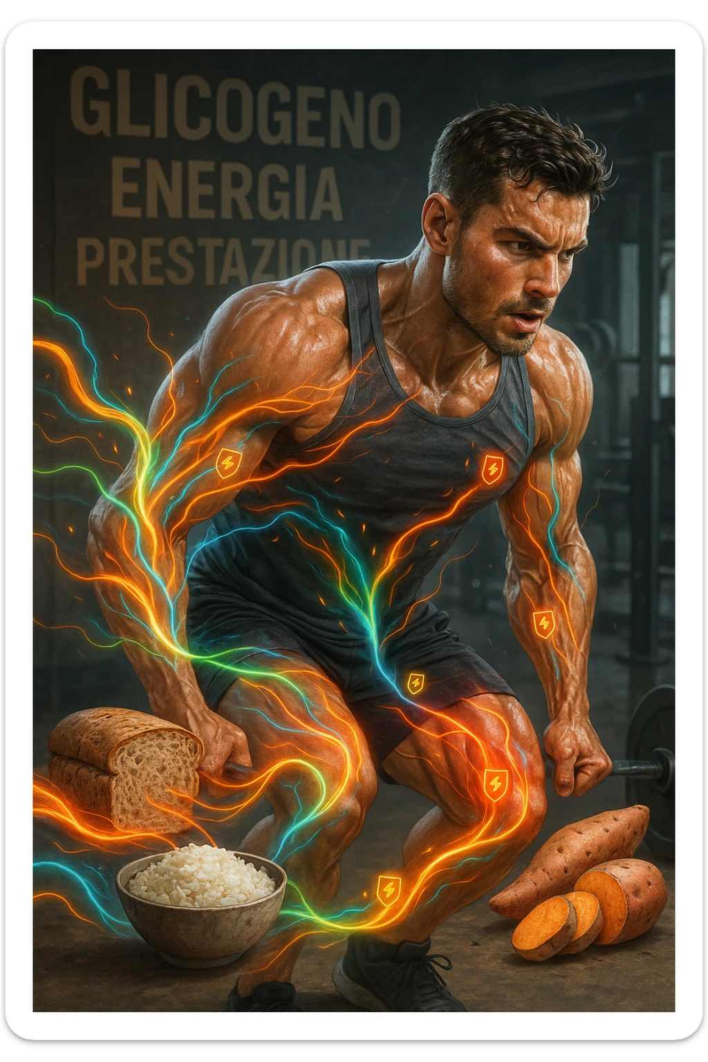 Uomo atletico di circa 30 anni durante un allenamento intenso in palestra, con muscoli ben definiti e sudati. Intorno a lui si visualizzano flussi energetici colorati che partono da fonti di carboidrati (pane integrale, riso, patate dolci) e si dirigono verso i suoi muscoli. I muscoli appaiono attivi, tesi e in pieno sforzo, con piccoli simboli di 'carburante' o energia che entrano nei tessuti. Espressione concentrata e potente. Sullo sfondo, parole come 'glicogeno', 'energia', 'prestazione'. Atmosfera dinamica, intensa e positiva. in italiano sticker