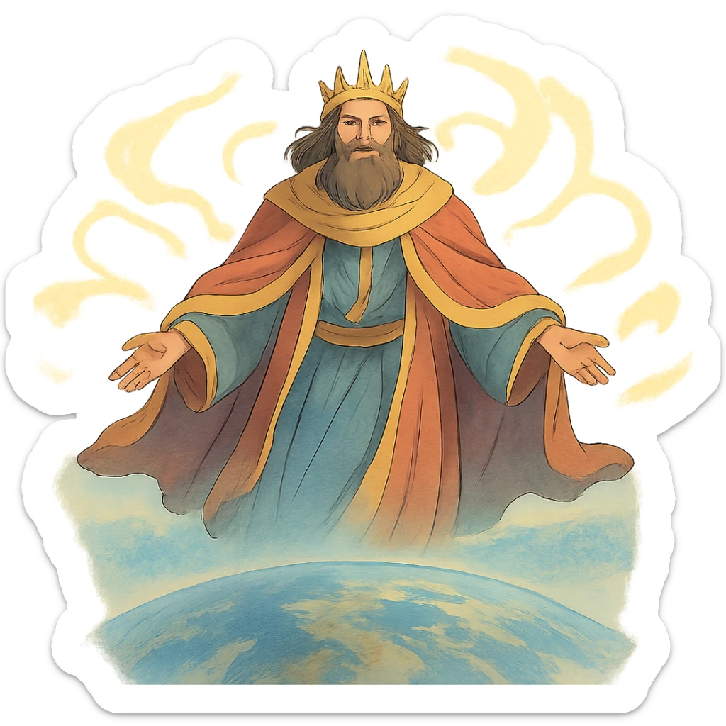 ghibli style godlike man with regal robes, floating above the world, ethereal atmosphere sticker