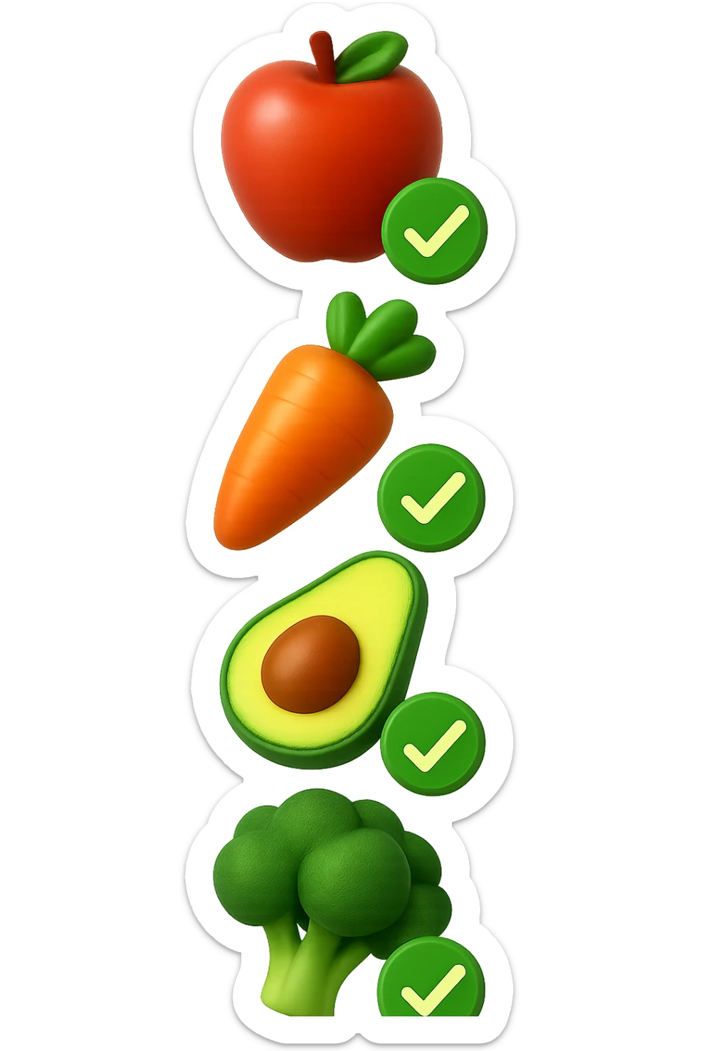 emoji stile iphone in 3d di cibo sano che fluttua in aria vericalmente insieme a spunte verdi di verificato, iperrealistico 4k sticker
