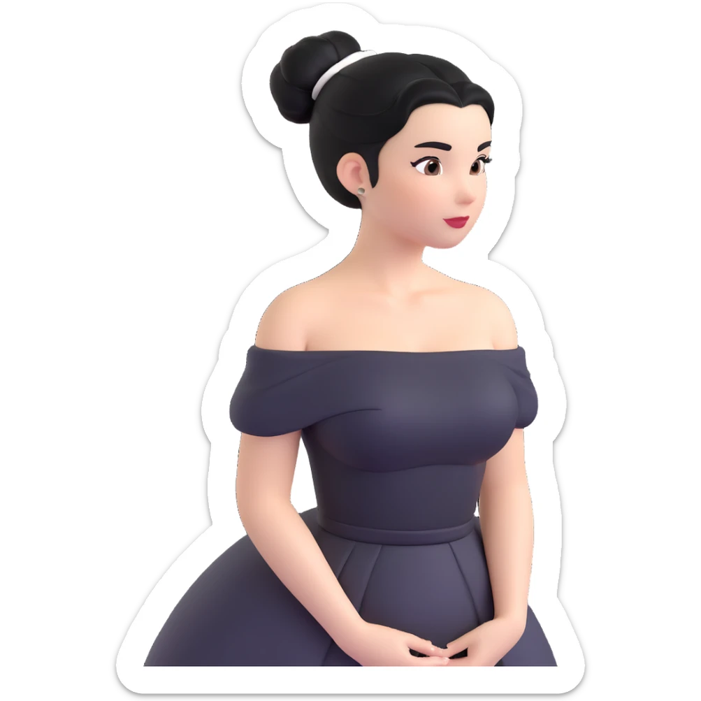 woman with black hair in a bun, black off-shoulder dress, white skin, 3d emoji style sticker