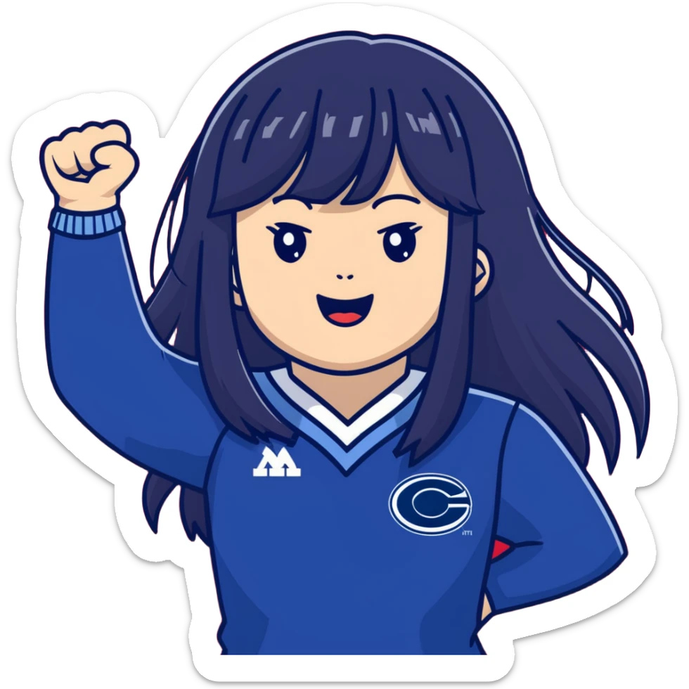 East Asian woman with long black straight hair and bangs wearing navy and white Doosan Bears team colors, cheering sticker