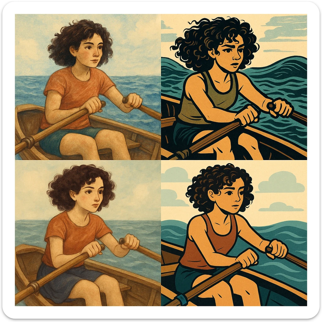 kıvırcık saçlı, kürek çeken kız, farklı stillerde sticker