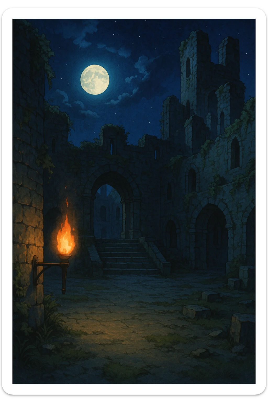 Midnight castle ruins torchlit courtyard sticker