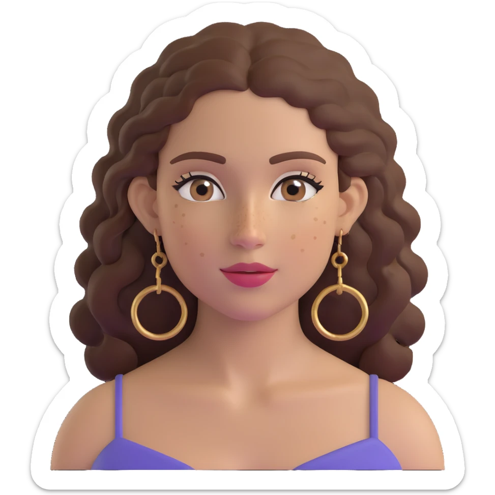 Attractive Greek woman with a wide face, freckles, long curly brown hair and gold hoop earrings sticker