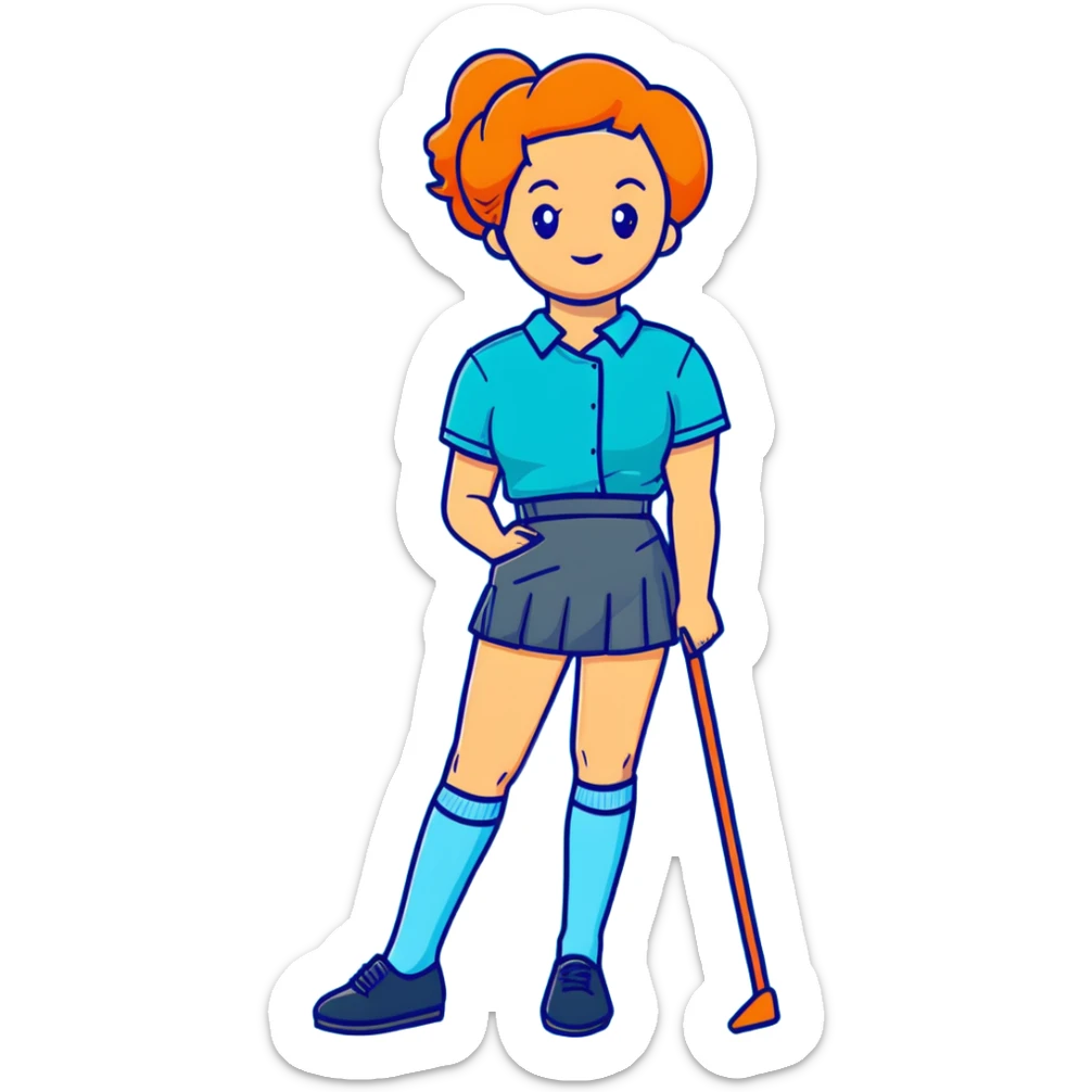woman wearing teal wrap shirt, blue a-line skirt, light blue knee-high socks sticker