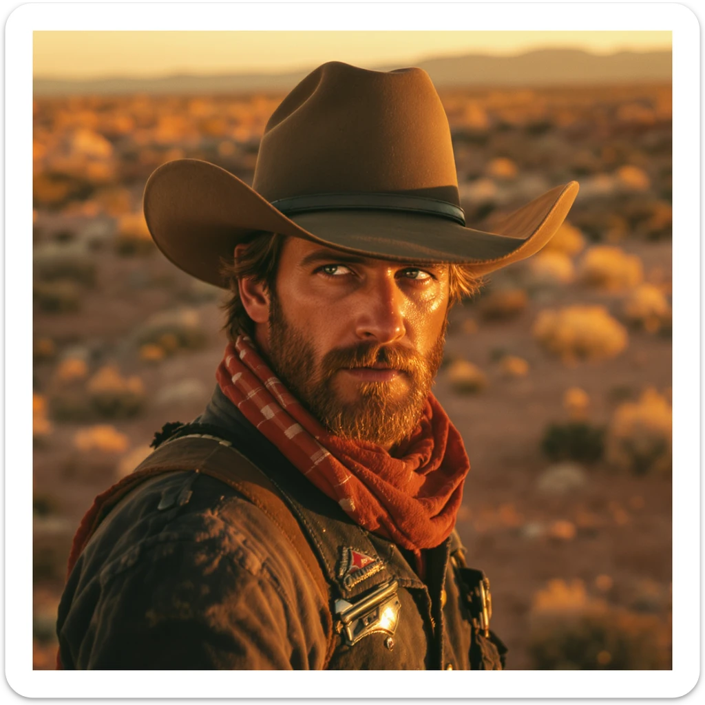 Cinematic , documentary photography, top angle medium shot, cowboy look eye brave, hard light golden hour, desert arizona, shot on arri alexa, 80s movie sticker