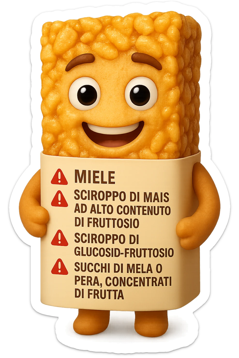 SU QUESTO STILE FAI UN EMOJI STILE IPHONE 3D DI UNa barretta ai cereali con ETICHETTA CON GLI INGREDIENTI SCRITTI, "miele, sciroppo di mais ad alto contenuto di fruttosio, sciroppo di glucosio-fruttosio, succhi di mela o pera,
concentrati di frutta" accanto ad ogni nome scritto mettici un segnale di allarme, FALLO MOLTO REALISTICO IN 3D sticker