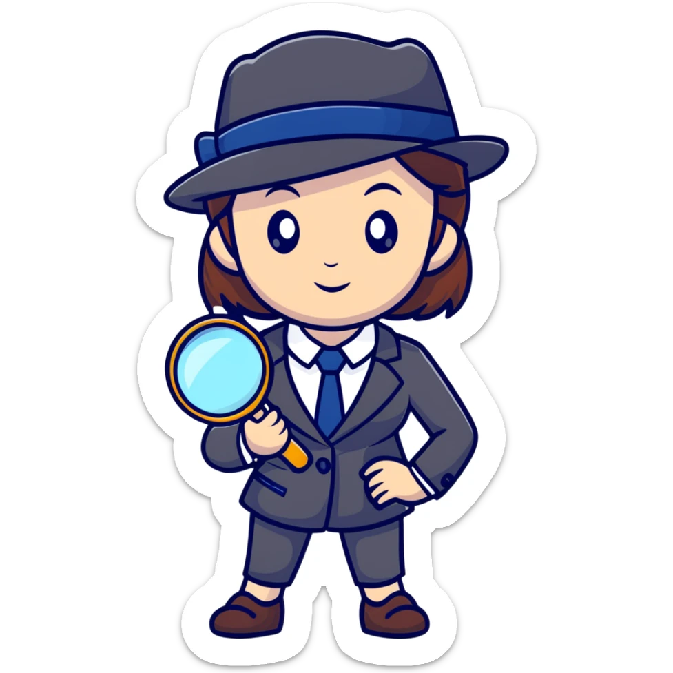 girl in a business suit, wearing a detective hat, holding a magnifying glass, in an investigating pose sticker