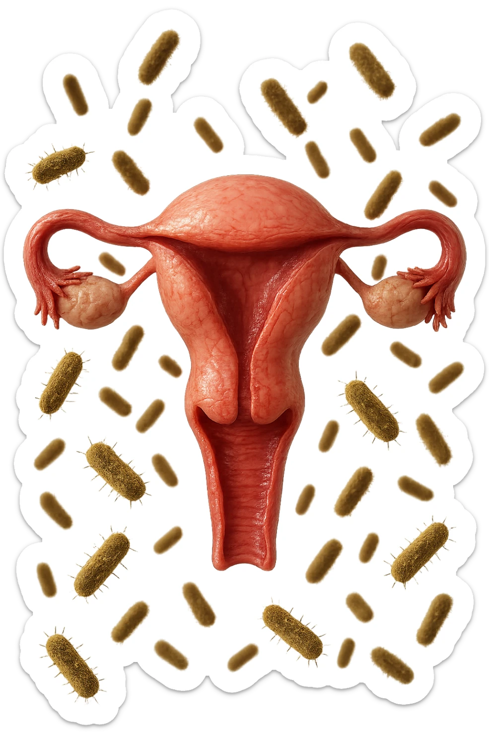 batteri intestinali fluttuano intorno ad un utero umano anatomico, iperrealistico 4k sticker