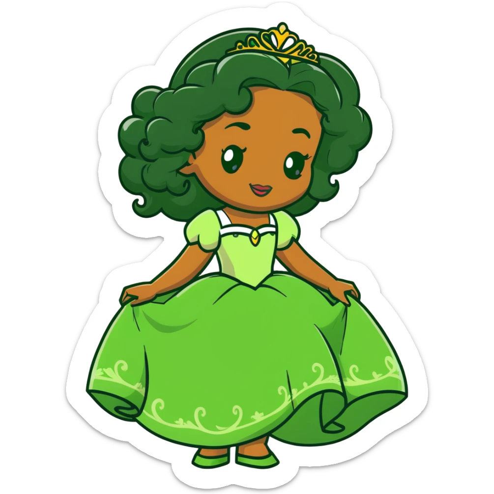 Disney Princess Tiana with extremely long black curly hair, green dress, 2c-3b curl pattern sticker