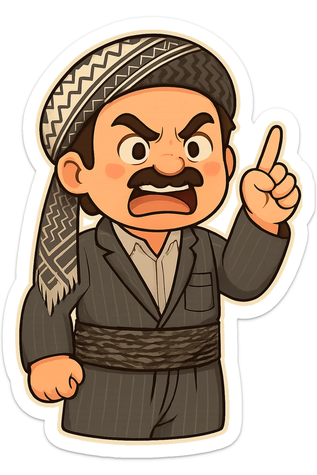 Cartoon sticker of a Kurdish man with the exact same clothes and scarf as the reference image, no changes to clothing or scarf. Face showing anger and rage. One hand raised with the index finger pointing as a sign of threat or warning. Colorful and cheerful style, no shadows or color halos around the image, no text. Suitable for WhatsApp and Instagram, with a completely transparent background. sticker