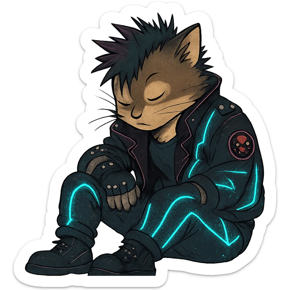  a anthro cat laying down his head to nap, punk gothic style, futuristic cyberwave cyberpunk, sitting position sticker