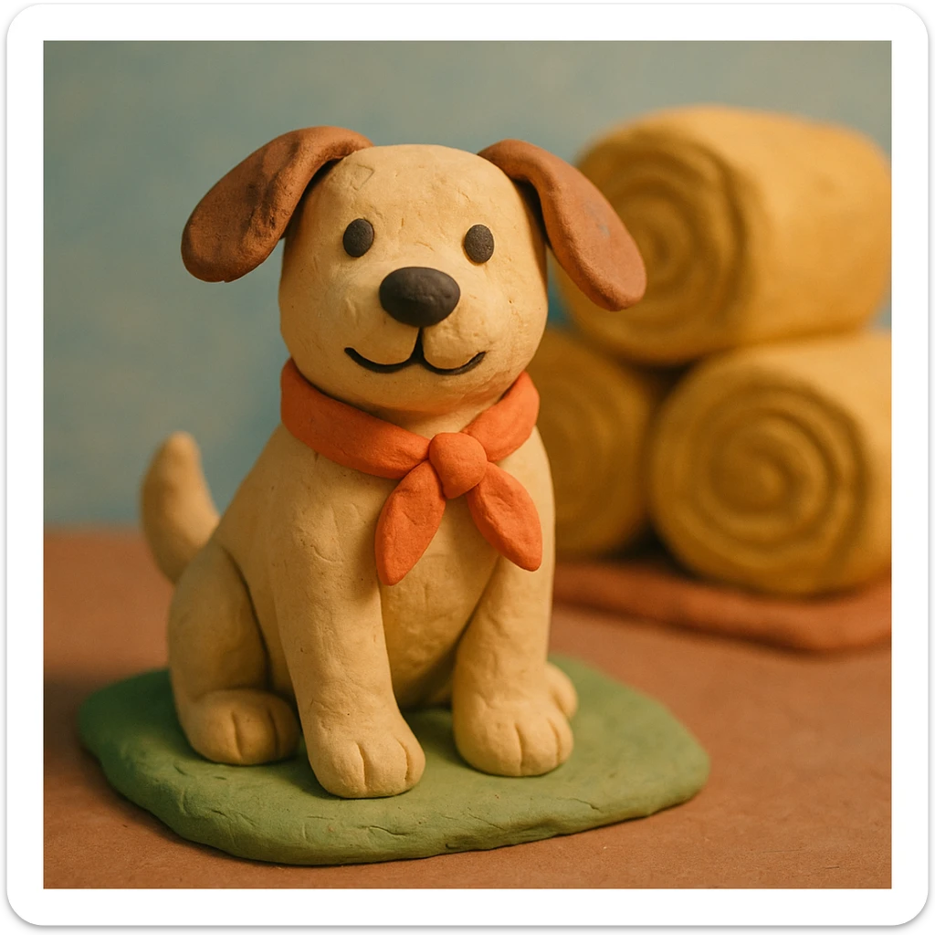 friendly farm dog with a bandana, hay bales in background, soft pastel colors, claymation style sticker