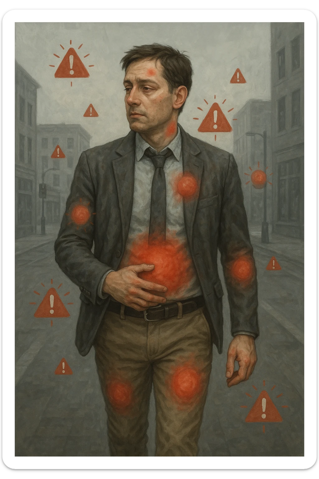 Uomo di circa 35 anni in giacca e cravatta, cammina deciso mentre il suo corpo invia segnali visibili: zone arrossate su addome, testa e articolazioni, occhi stanchi, pelle spenta. Intorno a lui appaiono simboli di allarme (come piccole icone rosse di dolore o stanchezza), ma lui guarda altrove con espressione indifferente o distratta. Sfondo urbano, giornata grigia, atmosfera di disconnessione mente-corpo. Stile realistico con accenti metaforici. sticker