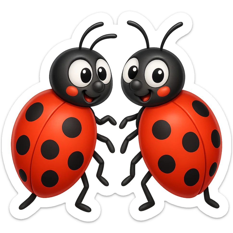 Make the two ladybugs more cartoonish in the style of apple emojis, with big eyes and playful faces, keeping the apple emoji style look. sticker