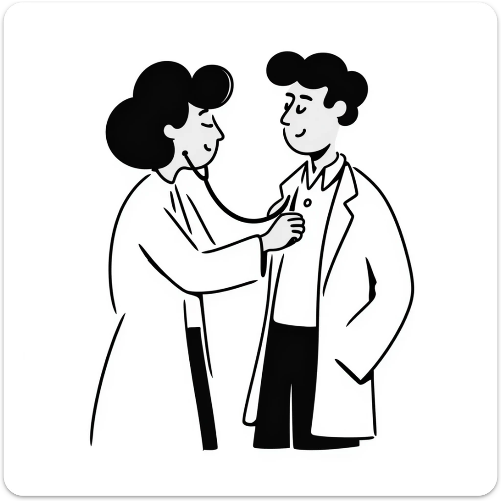 Female doctor in medical attire performing thorough examination of male patient's upper body, checking heart and lungs with stethoscope sticker