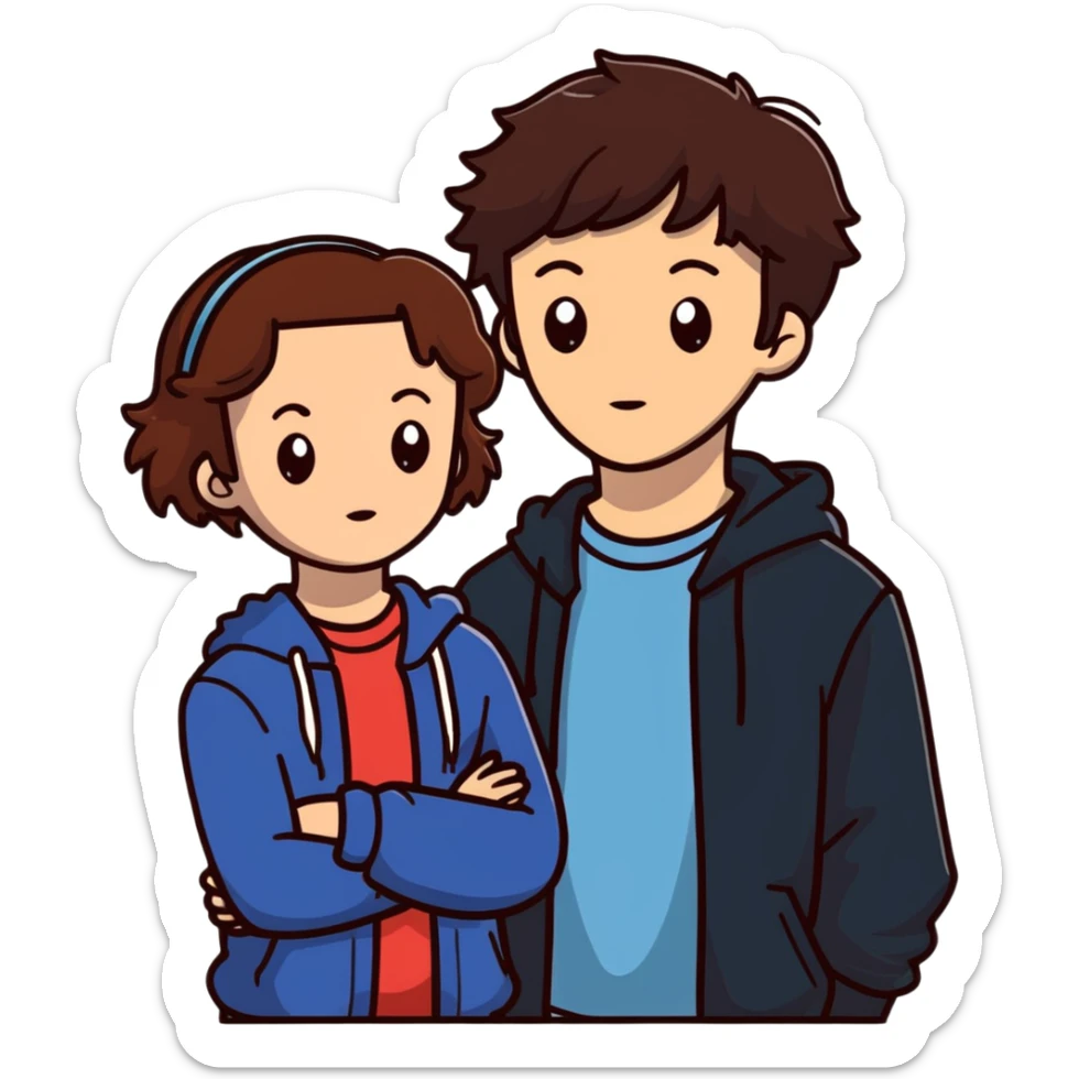 Hannah Baker with brown hair and Clay Jensen standing close together, emotional teenagers from 13 Reasons Why sticker