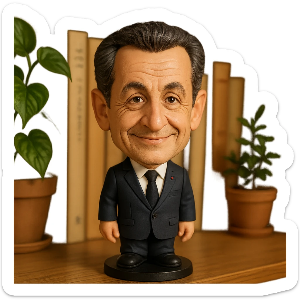 bobblehead style figure of Nicolas Sarkozy, French politician, suit and tie, oversized head, friendly expression sticker