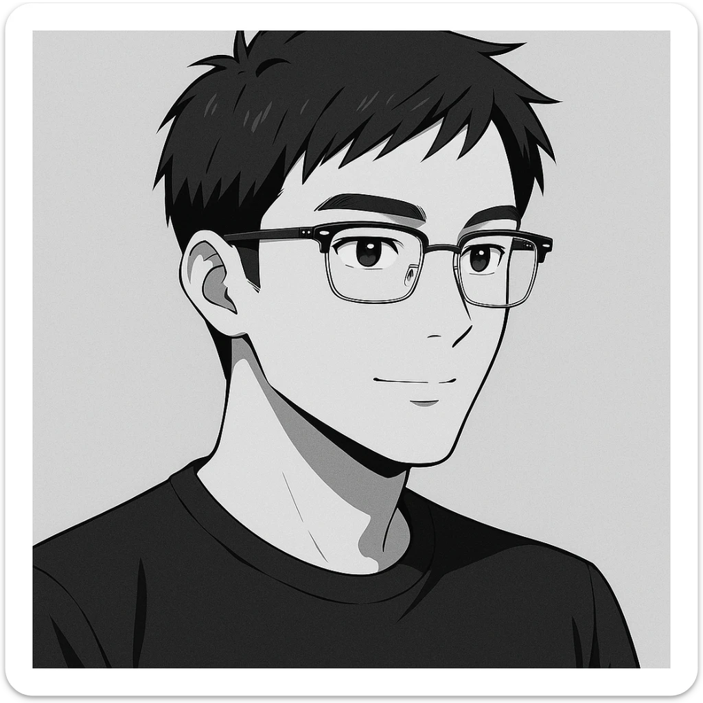 Create a half portrait in black and white anime style of an Asian male age 25, wearing Ray-Ban half frame glasses and a black t-shirt. Maintain the anime aesthetic with clear facial features and the specified accessories. sticker