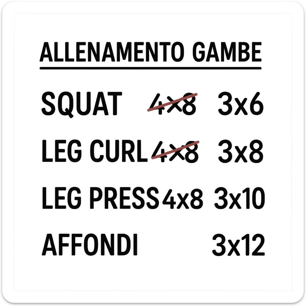 foglio di carta con scheda di allenamento gambe in italiano con volume di allenamento ridotto (fai alcuni esercizi con 4x8 scritti in precedenza sbarrati in rosso e la correzione accanto tipo 3x6), scrivila al meglio che puoi sticker