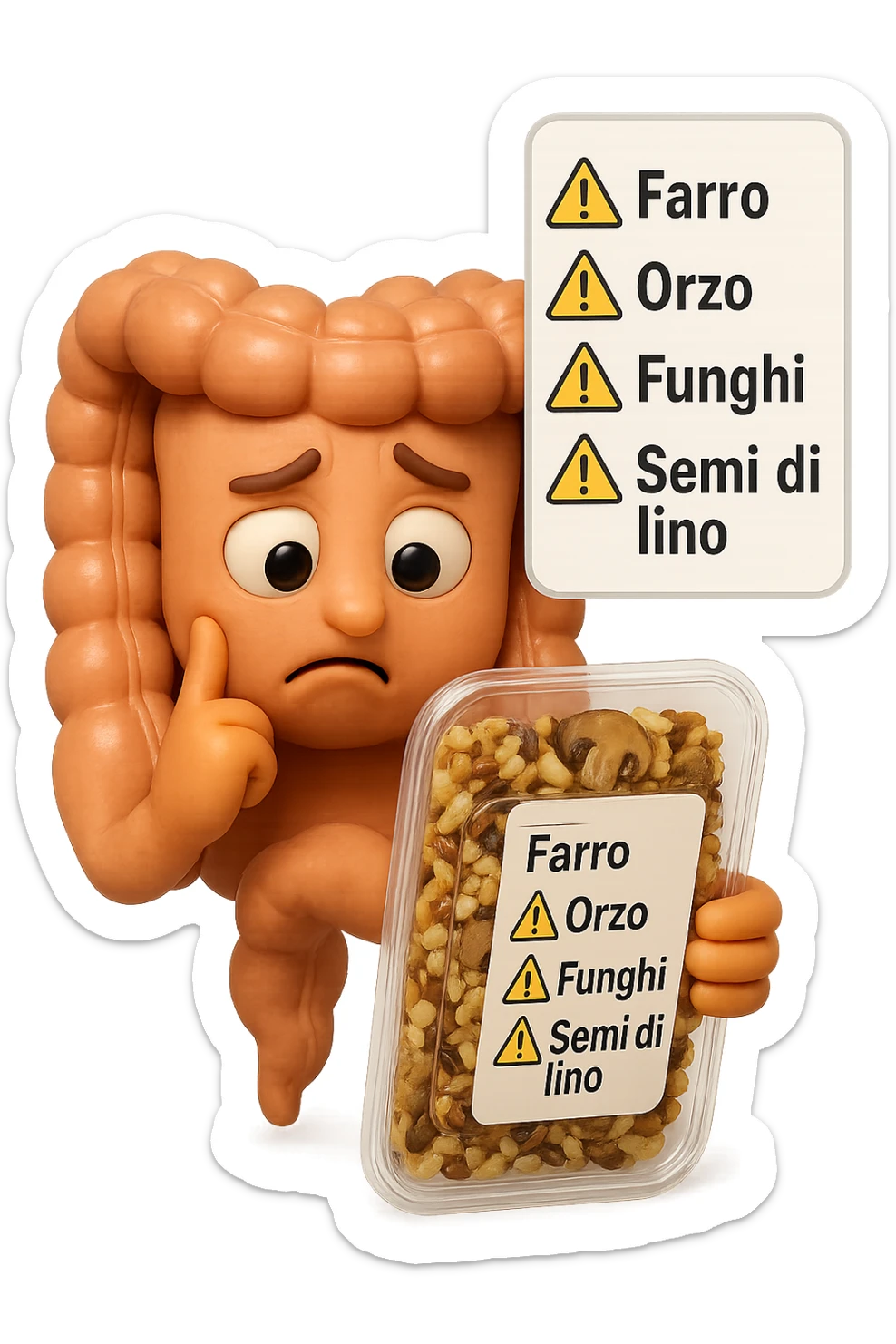 SU QUESTO STILE FAI UN EMOJI STILE IPHONE 3D DI UN INTESTINO CHE HA IN MANO UN insalata di farro mista CONFEZIONATa DA SUPERMERCATO E LEGGE L'ETICHETTA NUTRIZIONALE CON GLI INGREDIENTI IN ITALIANO, ACCANTO ALL'insalata CHE HA IN MANO C'è UN FOCUS SULL'ETICHETTA CON GLI INGREDIENTI SCRITTI, "Farro, orzo, funghi, semi di lino" accanto ad ogni nome scritto mettici un segnale di allarme, FAGLI UN ESPRESSIONE CONFUSA MENTRE LEGGE E FALLO MOLTO REALISTICO IN 3D sticker