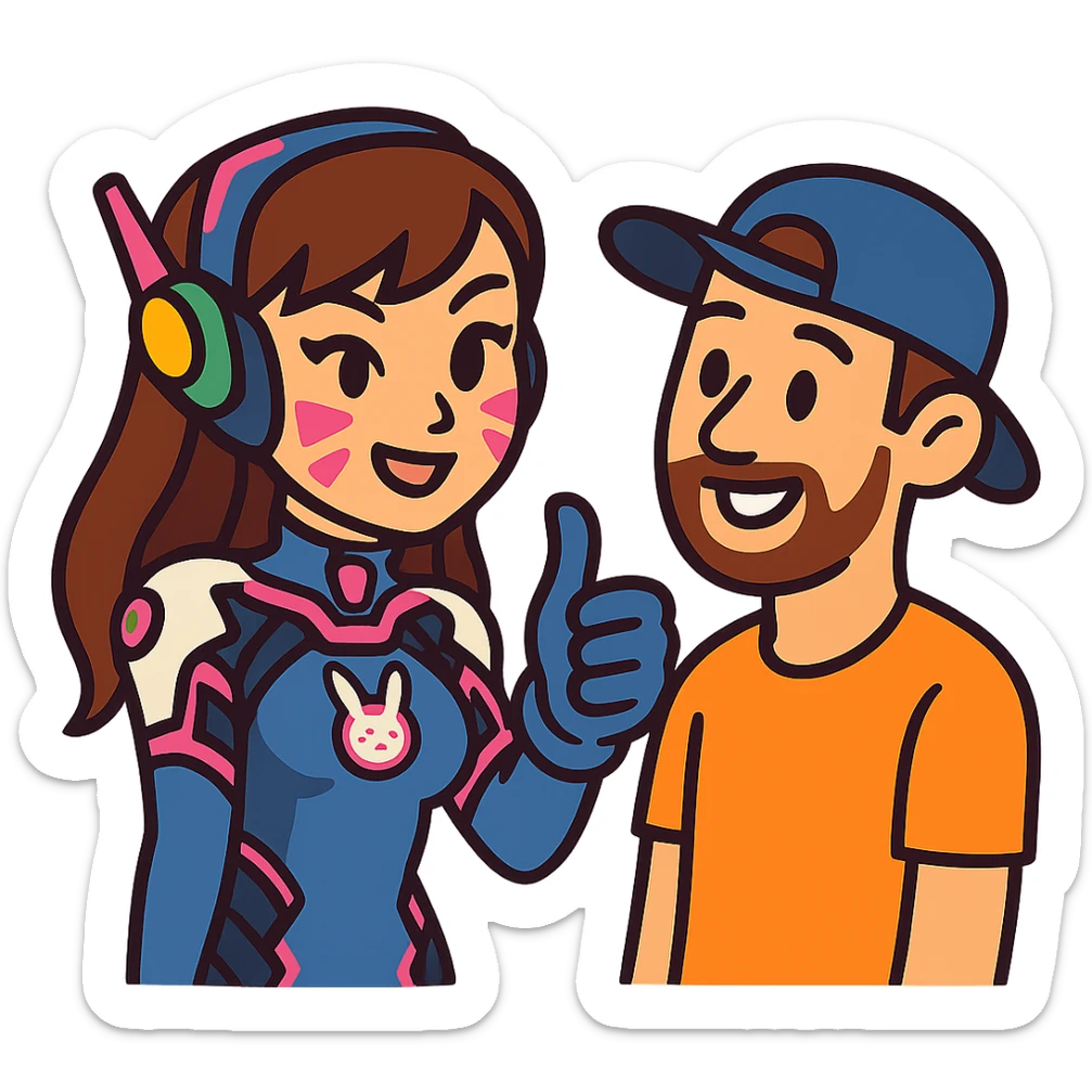 a cute Overwatch character like D.Va giving a thumbs-up to a casual player sticker