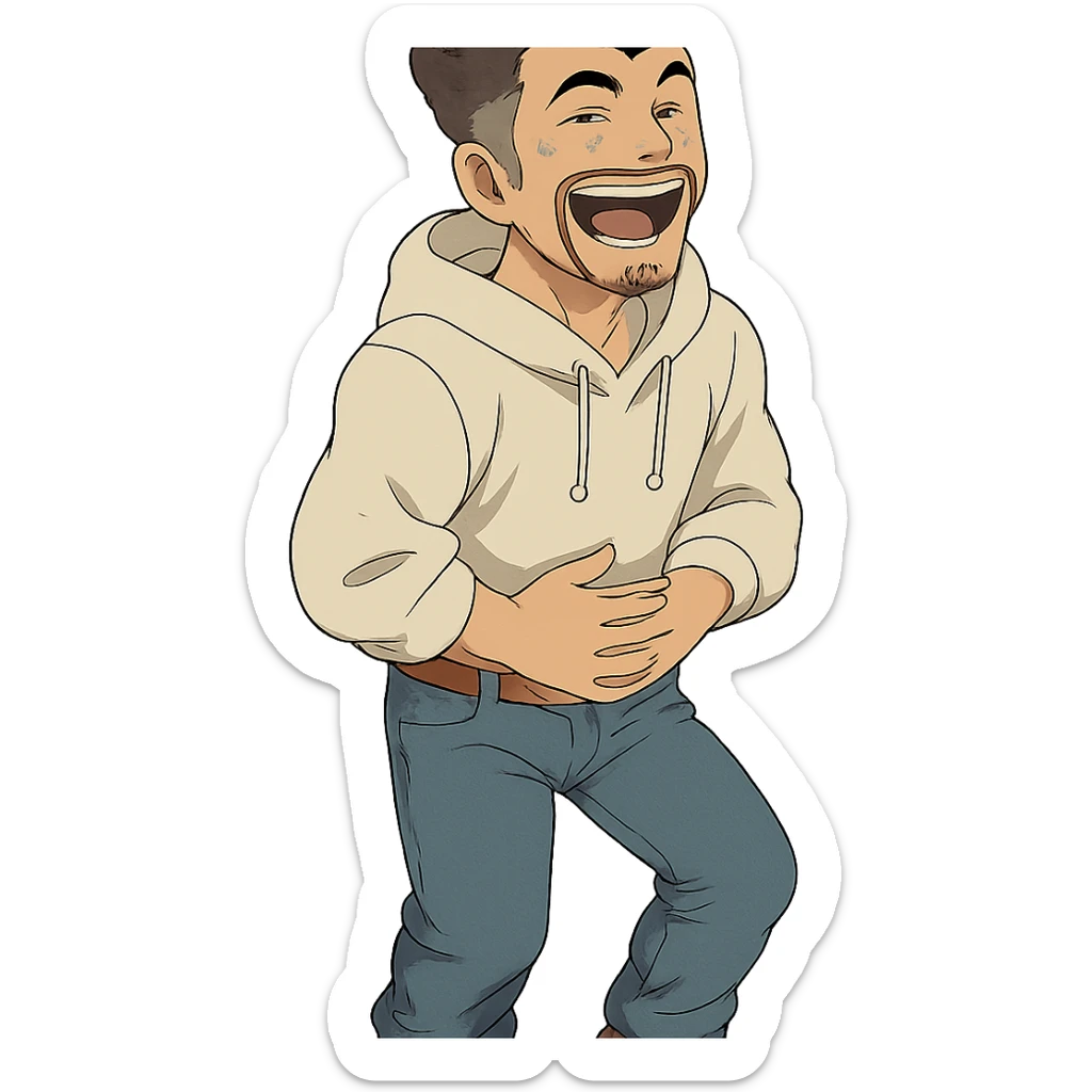 1 male, mid fade haircut dark chestnut brown curly hair, toasted lightskin, white hoodie sleeves up, fashion jeans, red fashion-sneakers shoes, red belt, short trimmed beard and goatee,  style of deku from "my hero academia", laaughing to the point of tears sticker