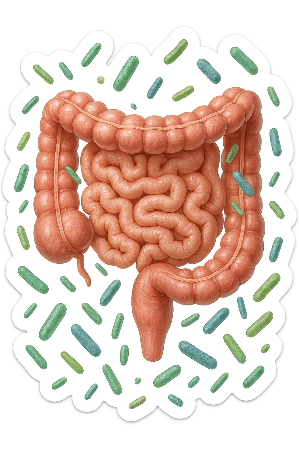intestino umano anatomico con batteri intestinali che gli fluttuano intorno sticker