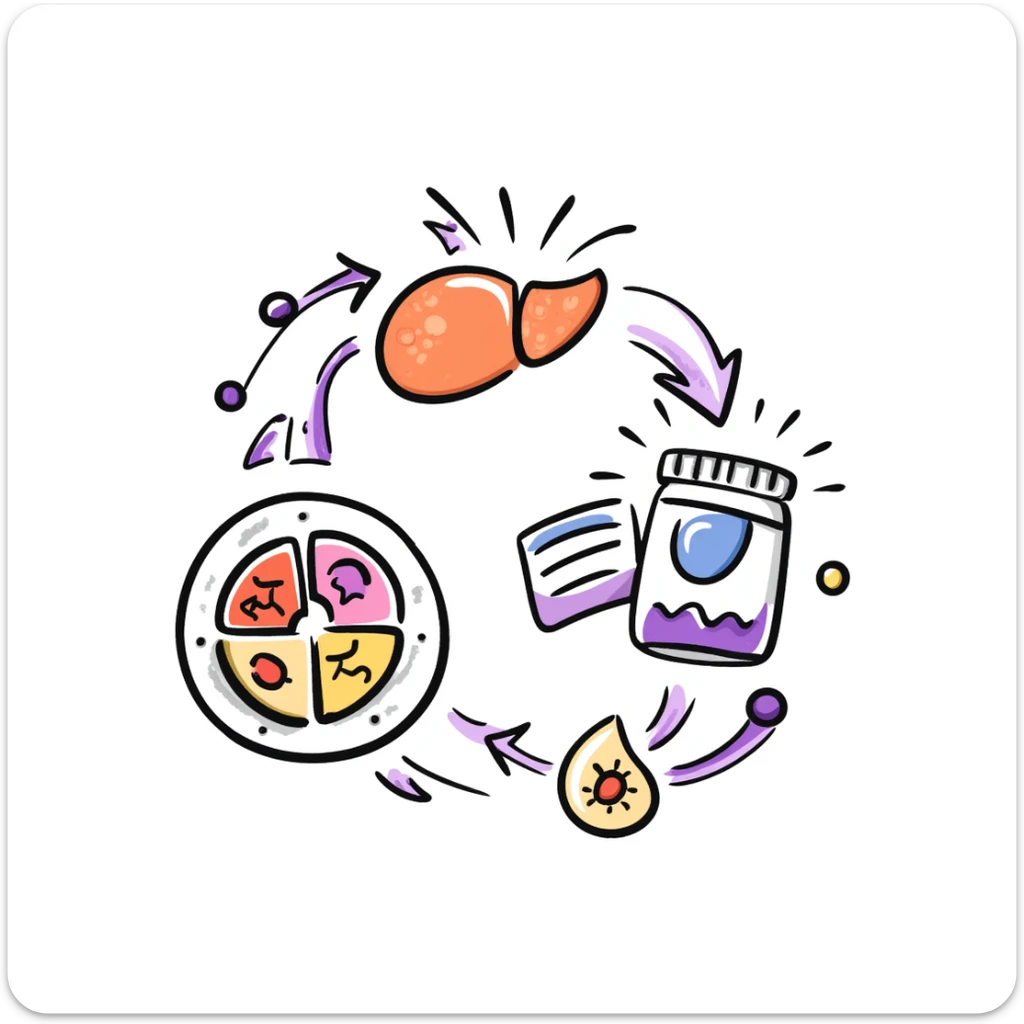 Anti-diabetic treatment diagram: orange liver, pink muscle cells, and yellow fat cells responding to blue anti-diabetic medication, with purple insulin pathways activated. Hand-drawn cross-section showing cellular absorption of red glucose particles and balanced blood sugar levels. sticker