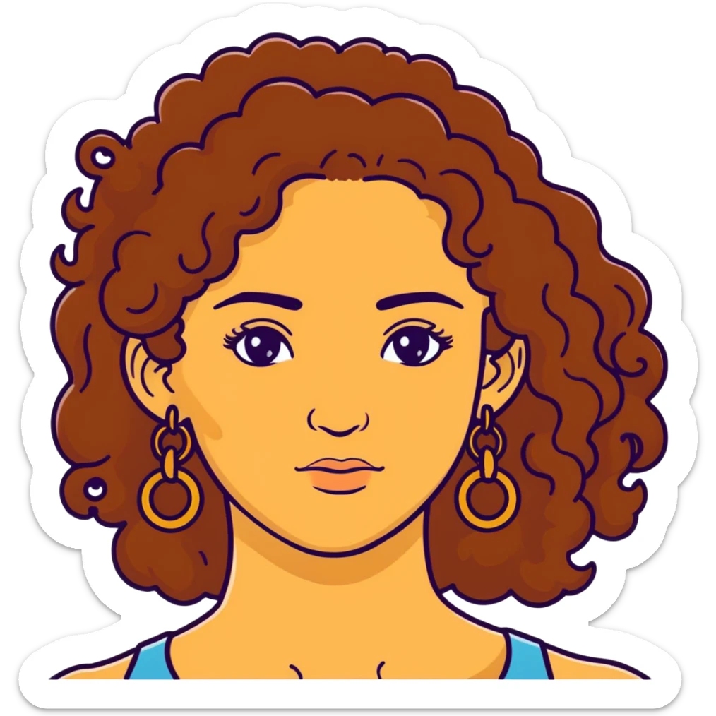 Attractive Greek woman with freckles, long curly amber-brown hair, gold hoop earrings and small necklace sticker