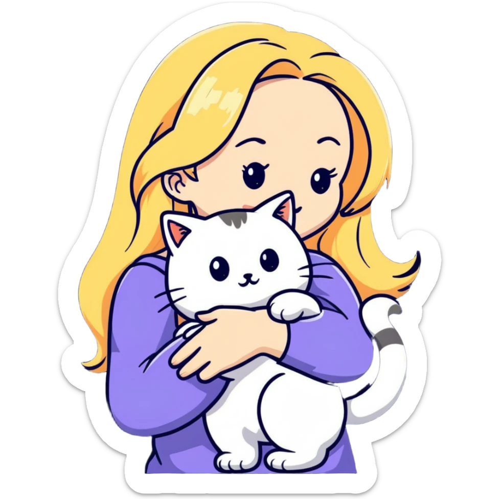 pretty woman with pale skin, very long blonde hair hugging a cat sticker