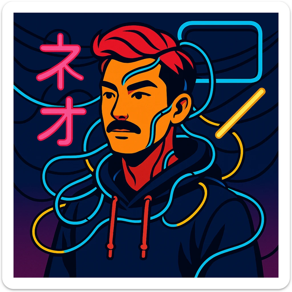 Add electric wires connecting to the body of the Asian man with black mustache, red hair, black hoodie, neon lights, Japanese cyberpunk anime style sticker