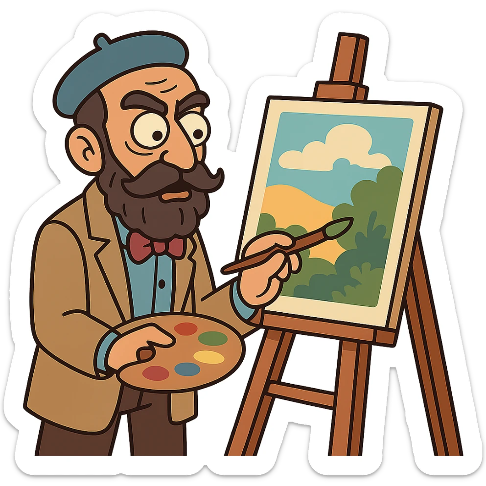 Kamal-ol-molk, Iranian painter, cartoon style, painting at an easel, vibrant colors sticker