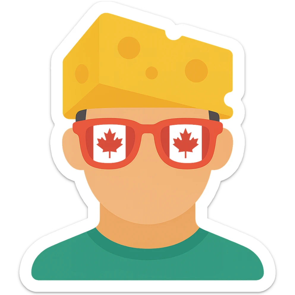 Add color to the icon: yellow cheese block, red and white Canada flag glasses, natural skin tone, simple colored shirt, keep background transparent. sticker