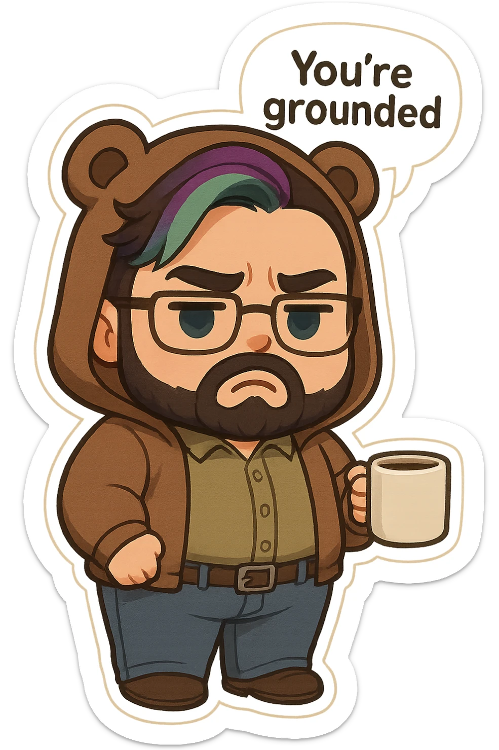 A realism art illustration art style of a plus-sizes man with purple to green ombre streak, black beard, blue eye, glasses, wearing a bear hoodie with ears,  dressed like a dad, holding a coffee mug, You’re grounded speech bubble, frowning  sticker