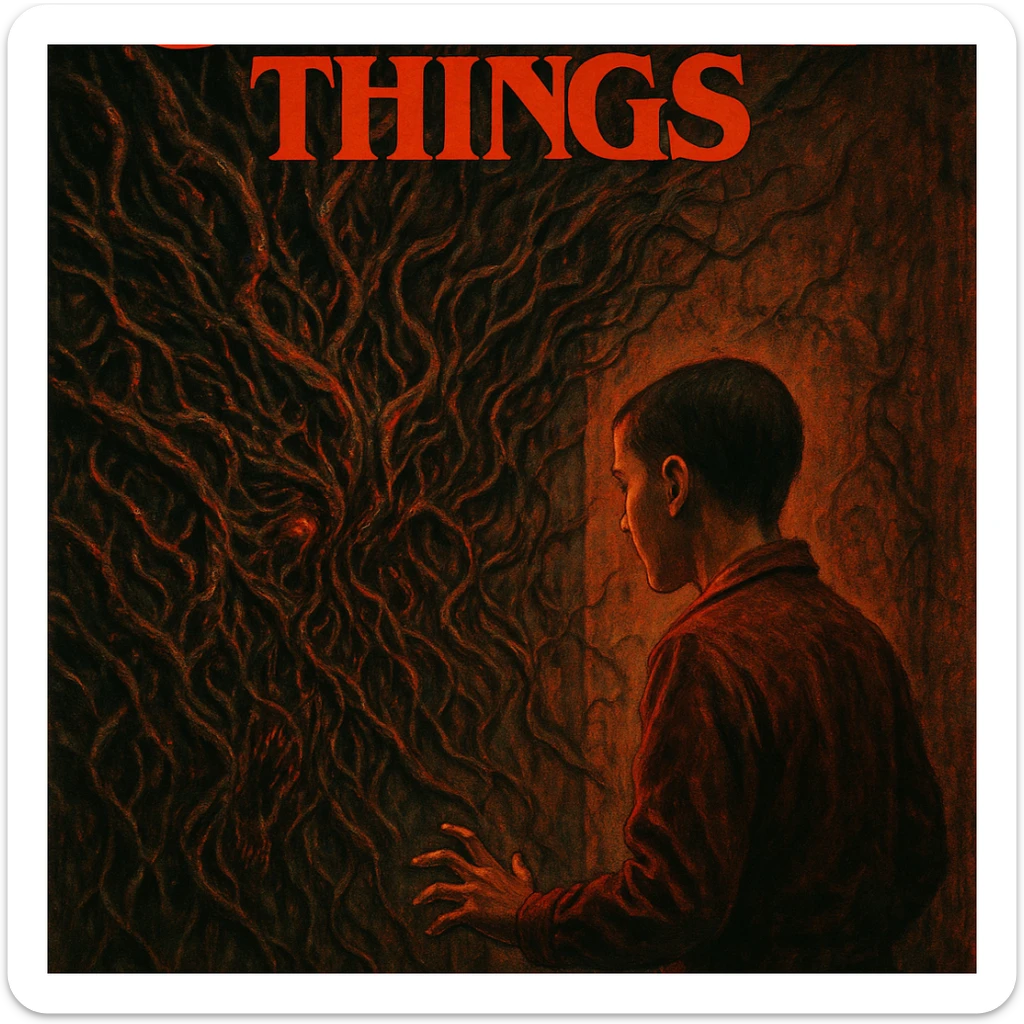Stranger Things series horror poster style, Eleven facing a wall of writhing vines from the Upside Down, intense and supernatural scene sticker