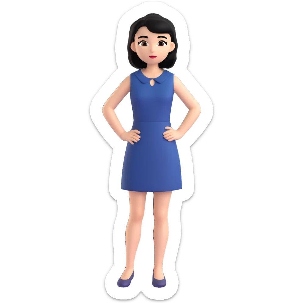 A girl with black hair, dark brown eyes, a beautiful face, short, straight hair to the shoulders, and a navy blue dress. sticker