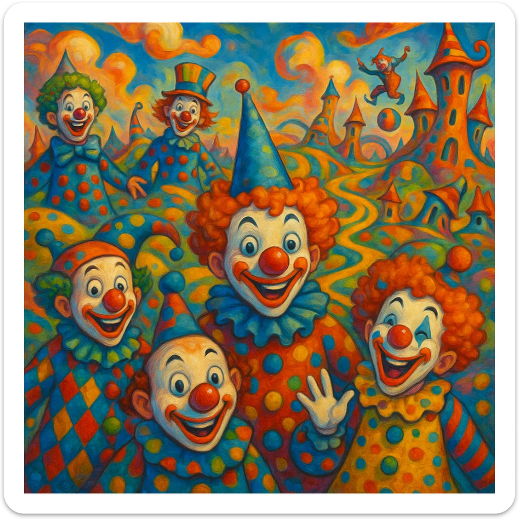 a surreal clown world, with colorful clowns, whimsical landscapes, and playful chaos, vibrant and imaginative sticker
