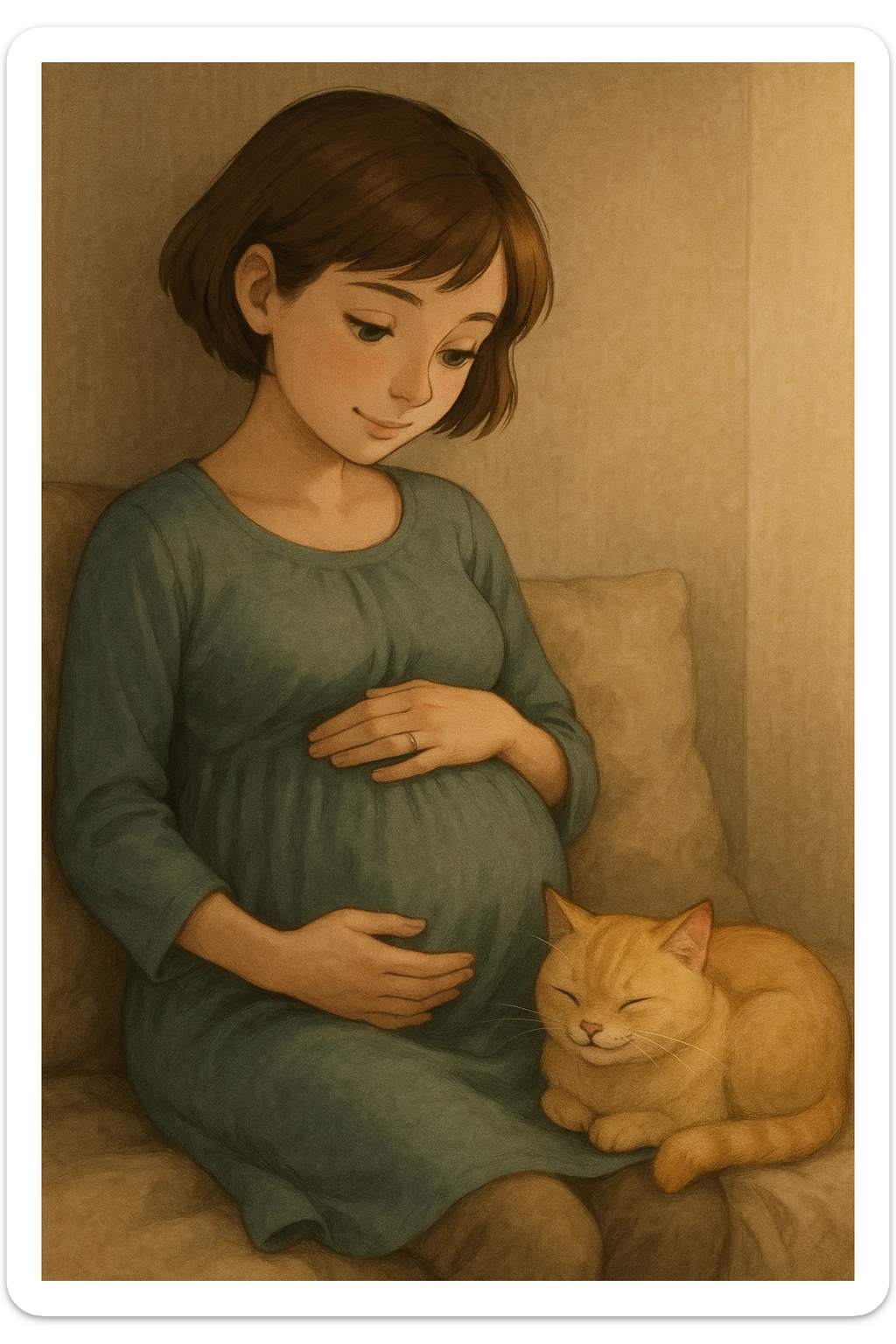 A pregnant girl with short brown hair and green eyes, sitting with a blonde cat curled up beside her. The girl is touching her belly and the cat is purring. sticker