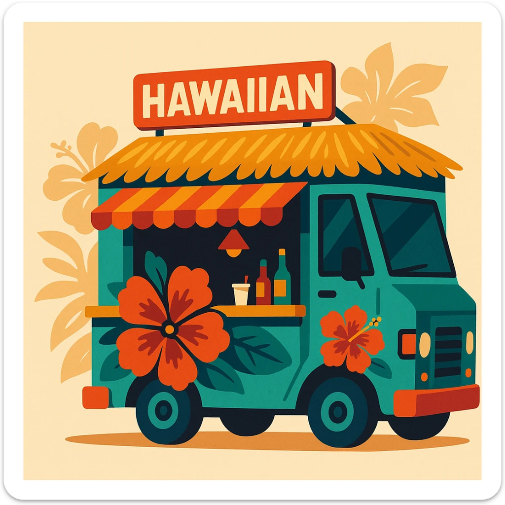 flat toon style Hawaiian food truck with bold colors and hibiscus accents sticker