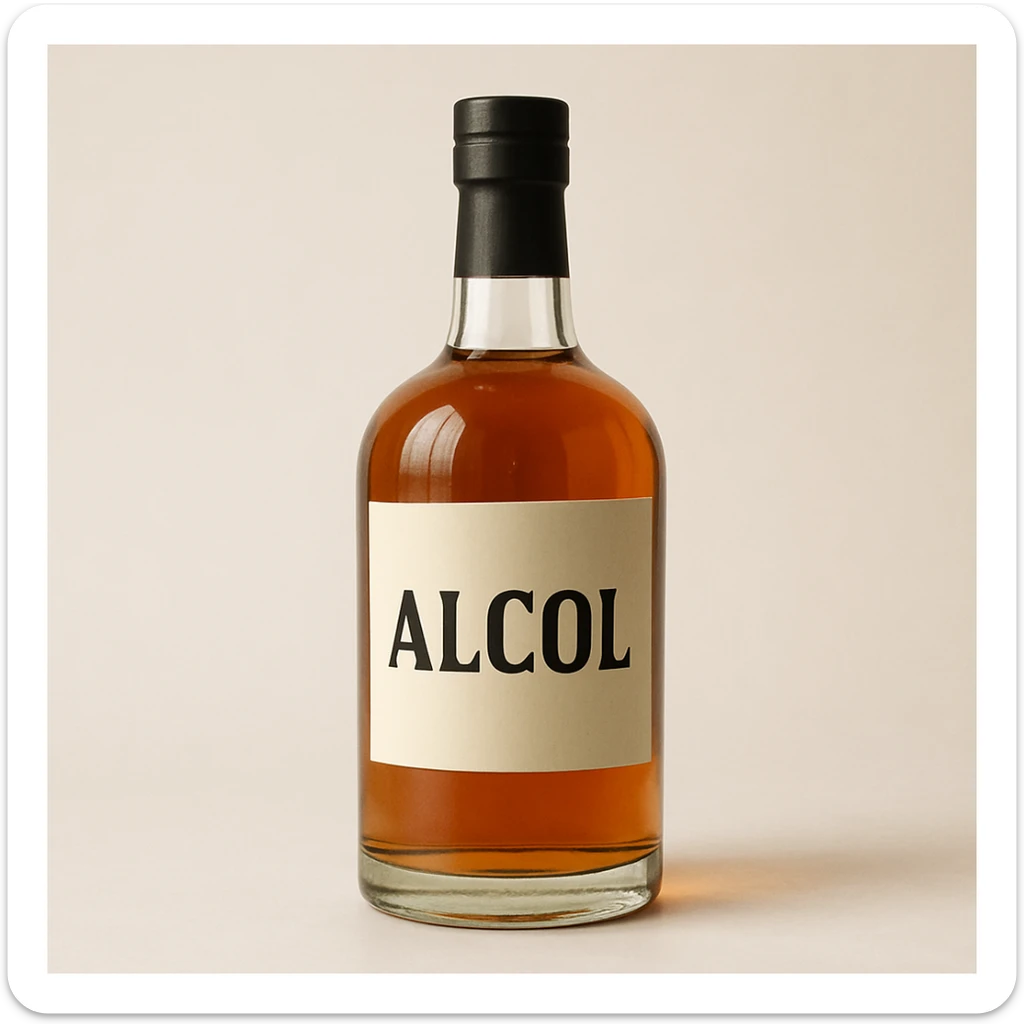 photo realistic bottle of alcohol on light background with the word 'alcol' in Italian sticker