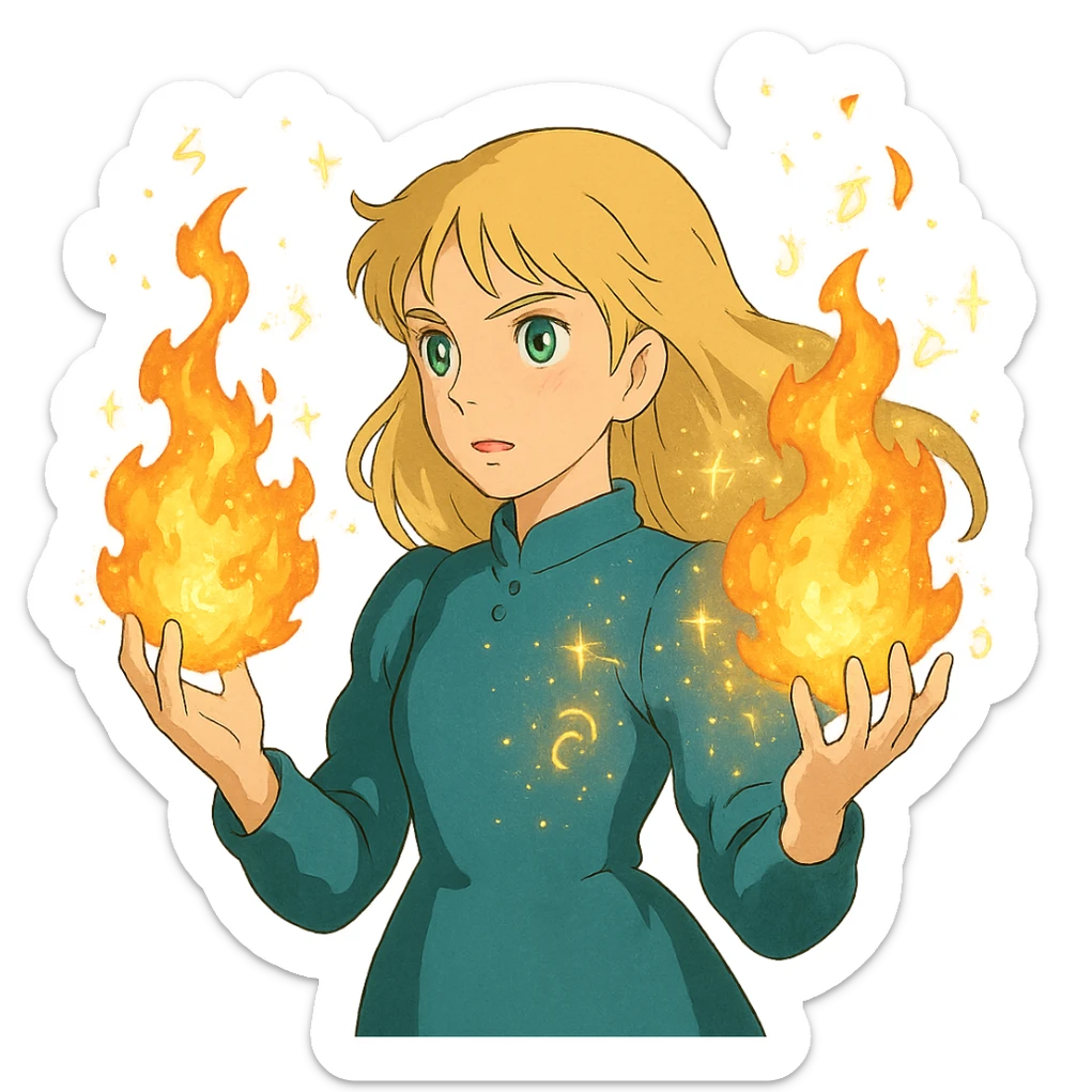 blonde woman with green eyes, fireballs in her hands, magical sparkles and glowing runes, ghibli style sticker