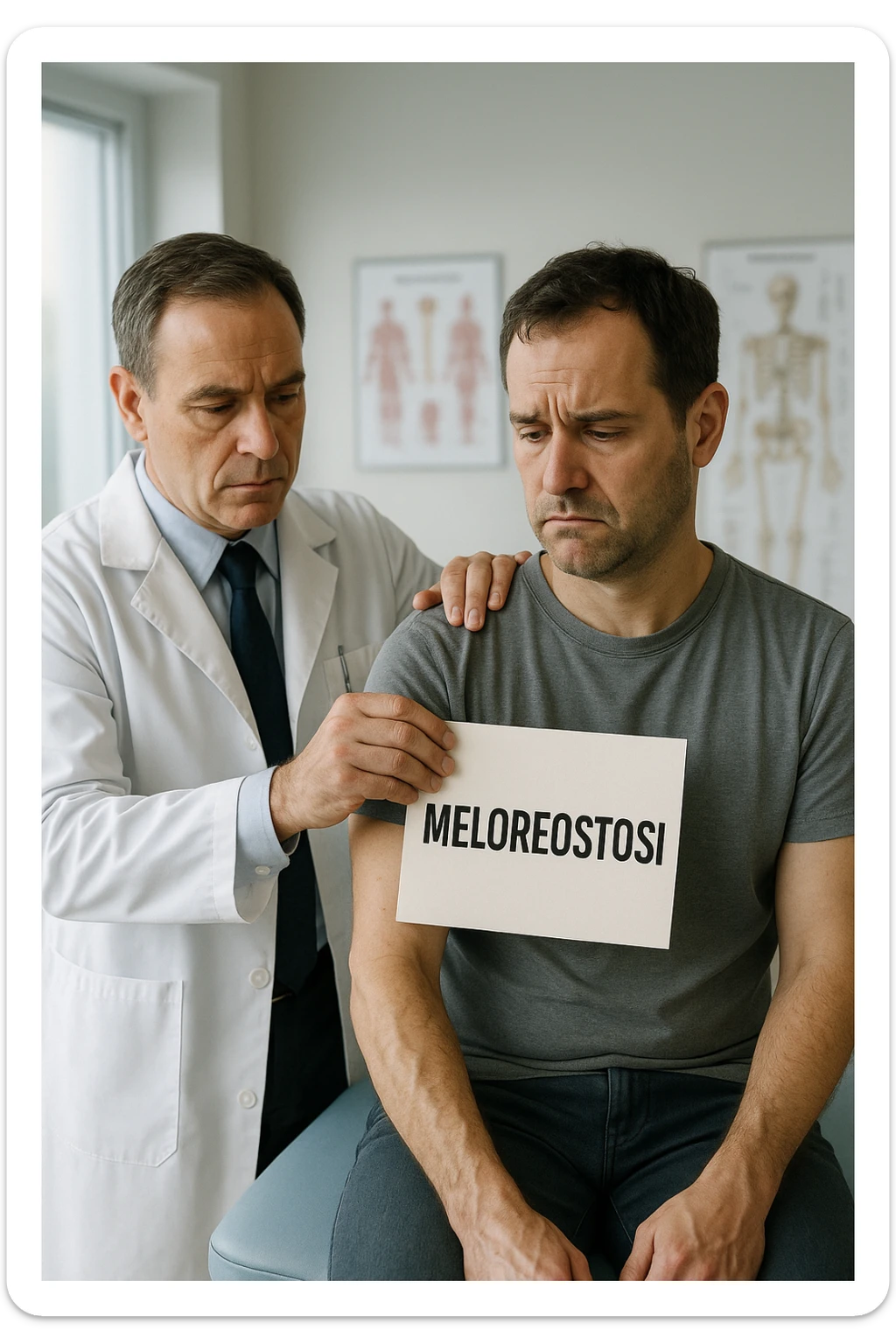 A realistic, cinematic illustration set in a bright, modern medical office. A middle-aged doctor in a white lab coat with a serious expression is shown gently placing a large paper label on the shoulder of a male patient sitting on the examination table. The label has the word 'Meloreostosi' written on it, symbolizing the act of labeling the patient with his rare bone condition. The patient looks confused and slightly disheartened, wearing a simple t-shirt with part of his arm exposed, showing subtle signs of bone thickening or deformation associated with melorheostosis. The background includes medical charts and a softly blurred skeleton model, emphasizing the medical setting. The lighting is bright but neutral, conveying a sterile, clinical atmosphere while focusing on the symbolic moment of receiving a diagnosis label. The mood is introspective and slightly heavy, illustrating the emotional weight of being defined by a rare chronic condition sticker
