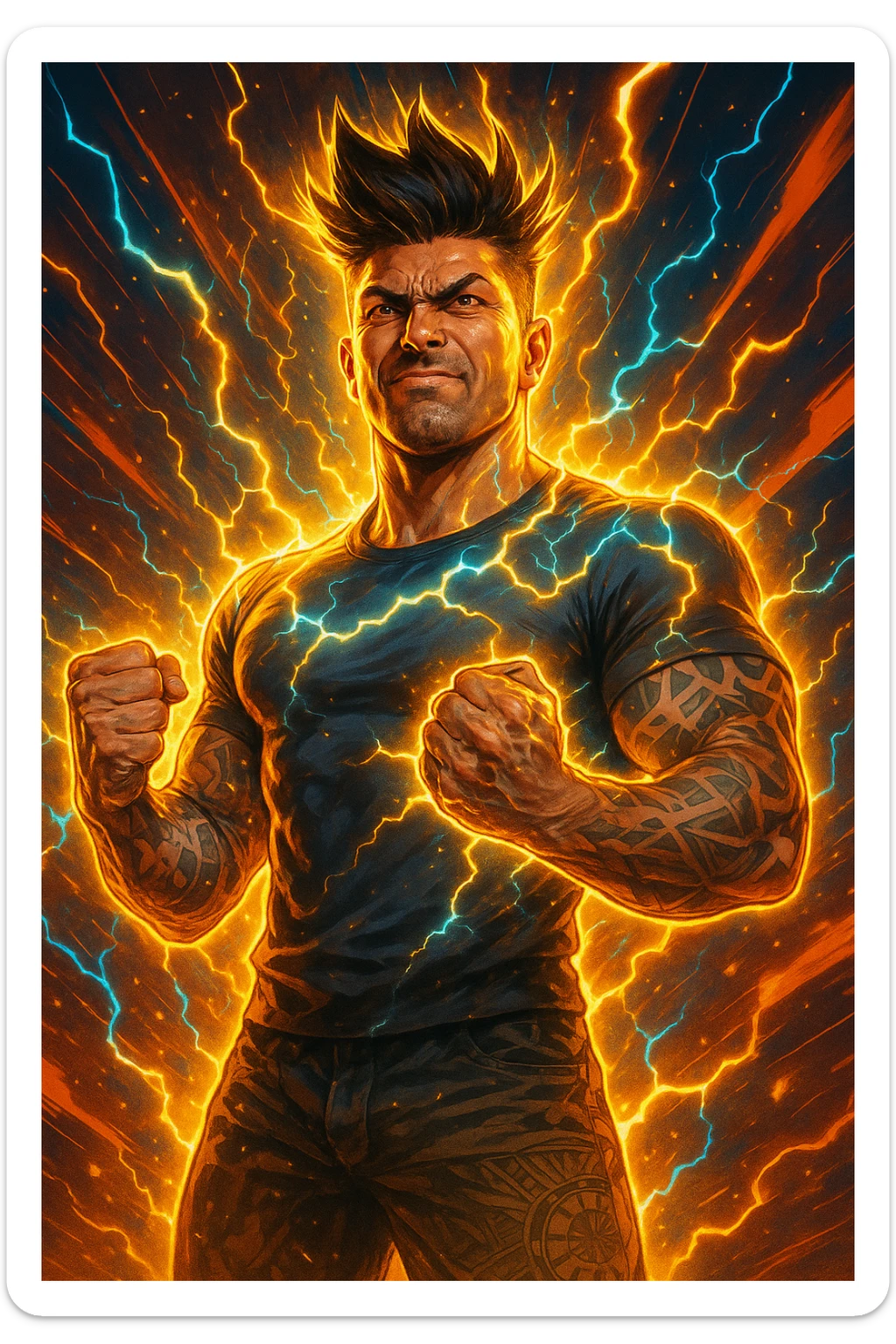 a man with a chiseled physique and wild, upward hair stands center stage, fists clenched and chest out. A radiant, electric aura envelops him, with energy lines and glowing effects highlighting his strength and masculinity. His face shows determination and pride, and the background features explosive, dynamic patterns. sticker