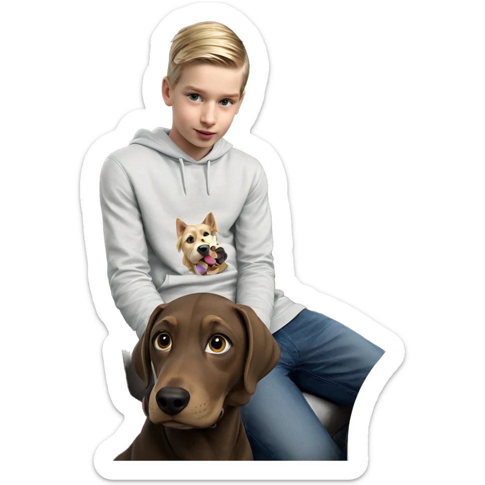 blonde boy with dog indoors sticker