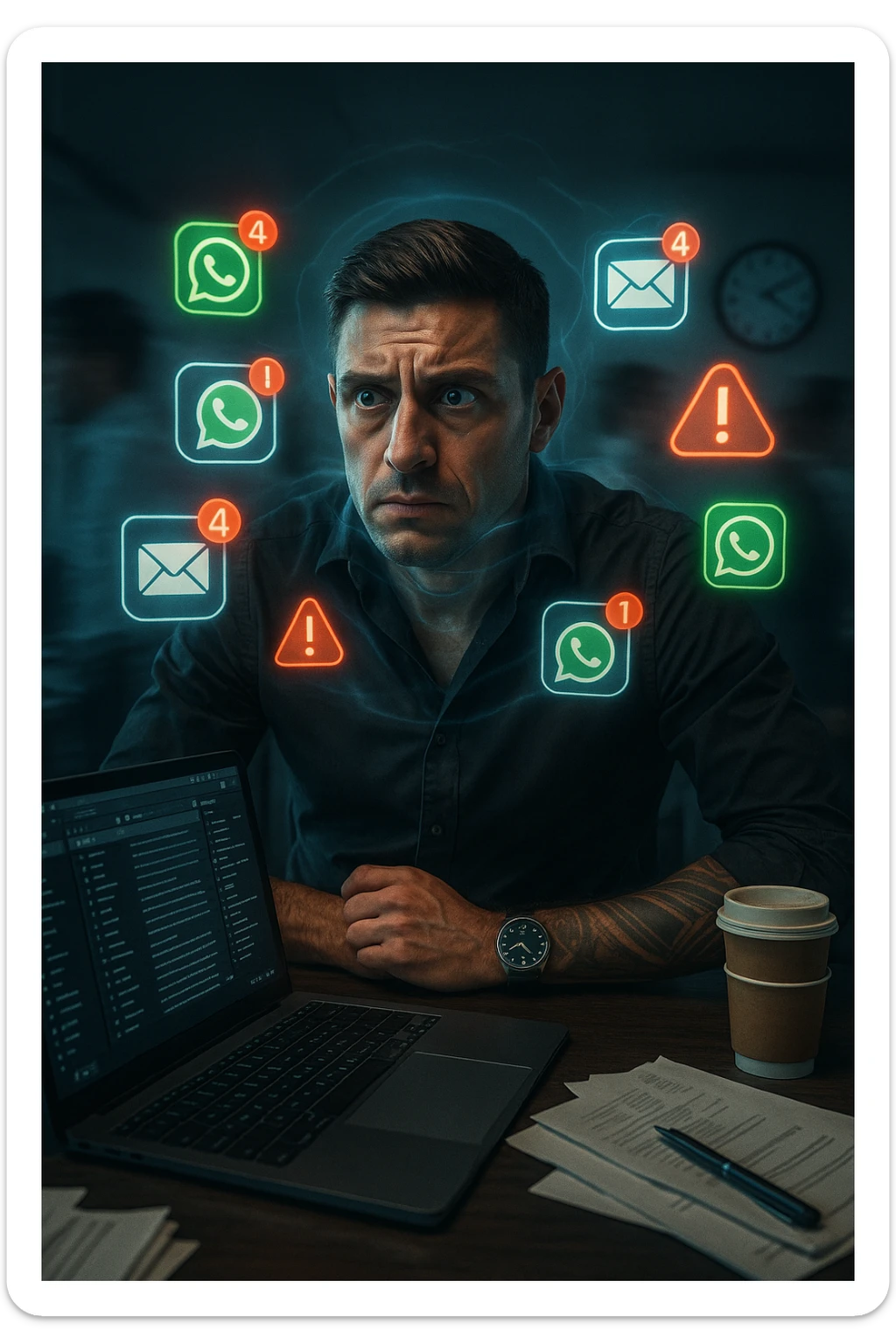 A highly realistic, cinematic portrait of a young man in his early 30s with a tired, tense expression, sitting at his modern office desk surrounded by multiple smartphones with glowing notification bubbles (WhatsApp, emails, alerts) hovering around him like aggressive neon icons. His posture is hunched, shoulders raised, eyes slightly wide, and jaw clenched, representing constant hyper-vigilance and stress. The environment is a cold, cluttered workspace with a laptop displaying endless emails and Slack notifications, coffee cups stacked nearby, and a clock showing late hours, symbolizing the relentless pace of modern work life. Behind him, ghostly blurred figures rush by in a fast-motion effect, representing the constant rush and societal pressure. A faint, tight grey aura wraps around his chest and head, symbolizing blocked breathing and mental tension, while faint blue light tries to push through, representing the body’s desire to find calm. The lighting is harsh and cool, with a 35mm hyperrealistic film style, shallow depth of field focusing on the man’s stressed face and the floating notifications, illustrating the modern trap of always being on alert. sticker