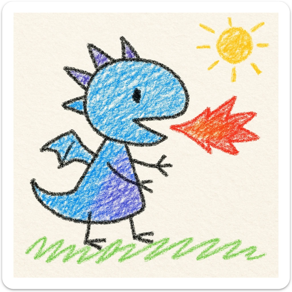 small dragon breathing a small flame, children's illustration style sticker