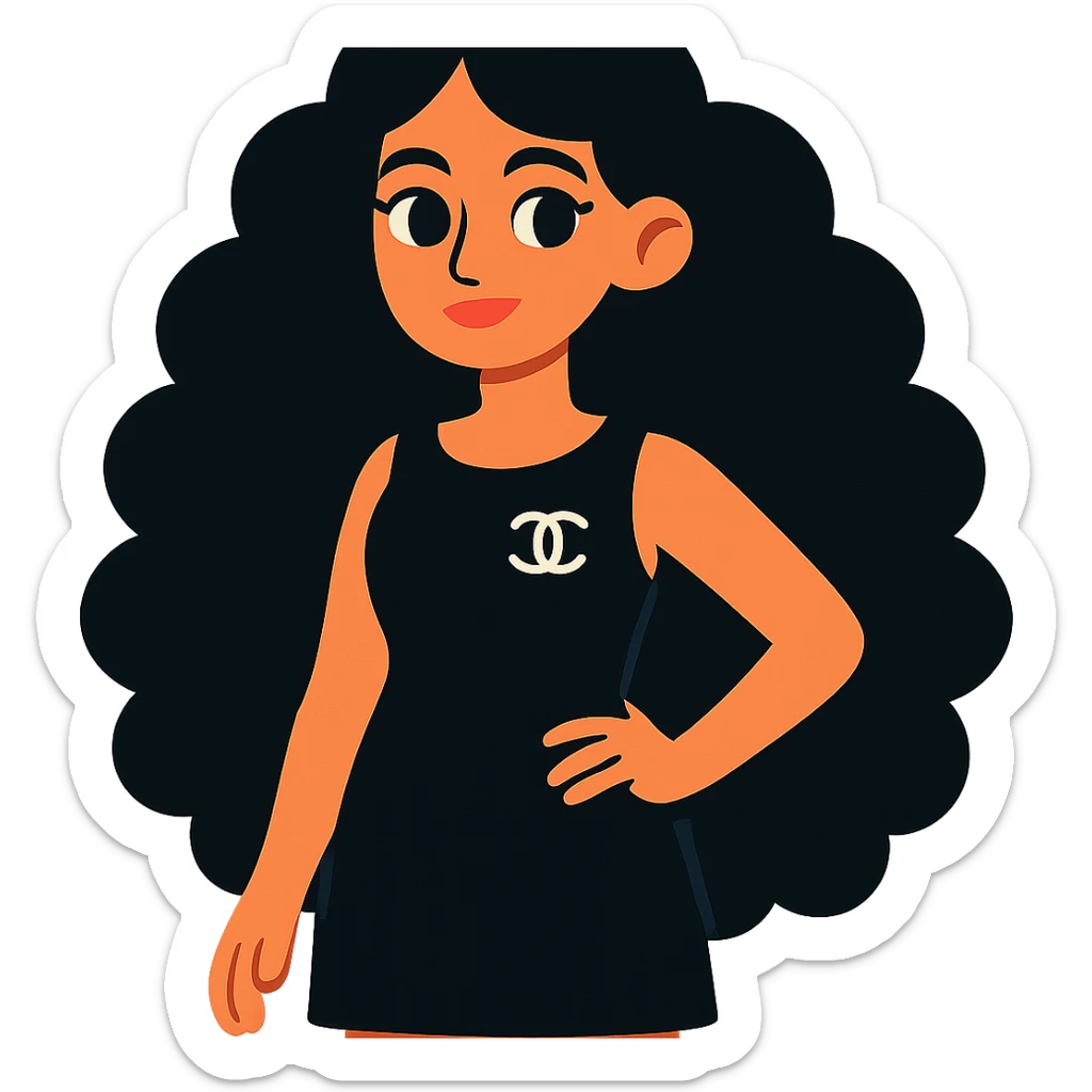 light skin girl with black very long curly hair, brown eyes, black Chanel dress, vibrant toon style sticker